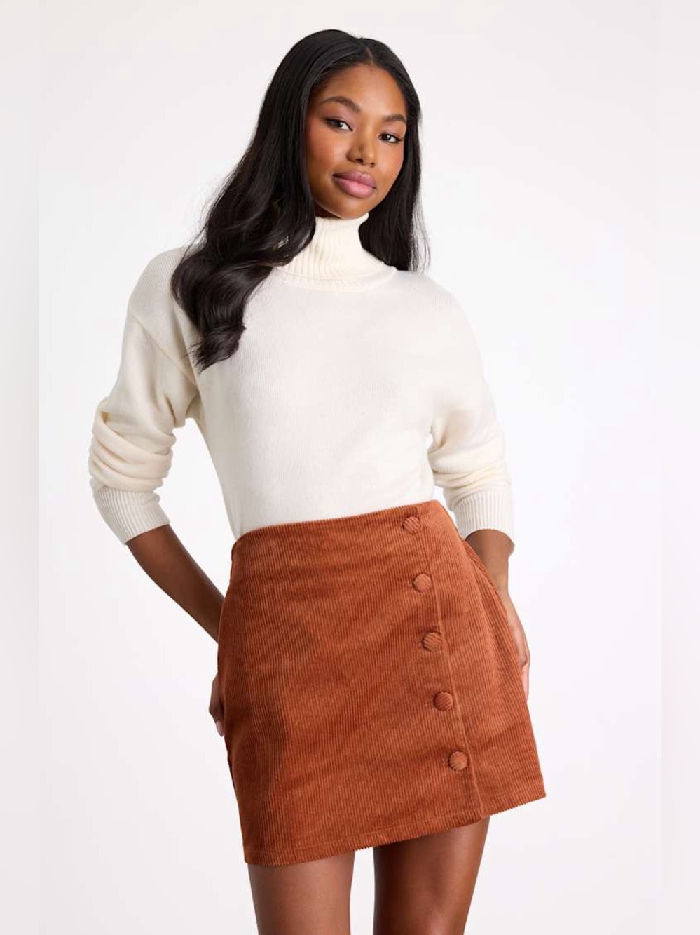 Lulus Katherina Rust Brown Button Front Corduroy Skirt M NWT